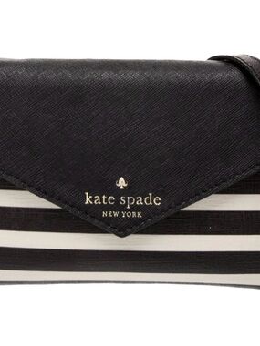 kate spade Black and White Striped Crossbody Wallet with Saffiano Flap